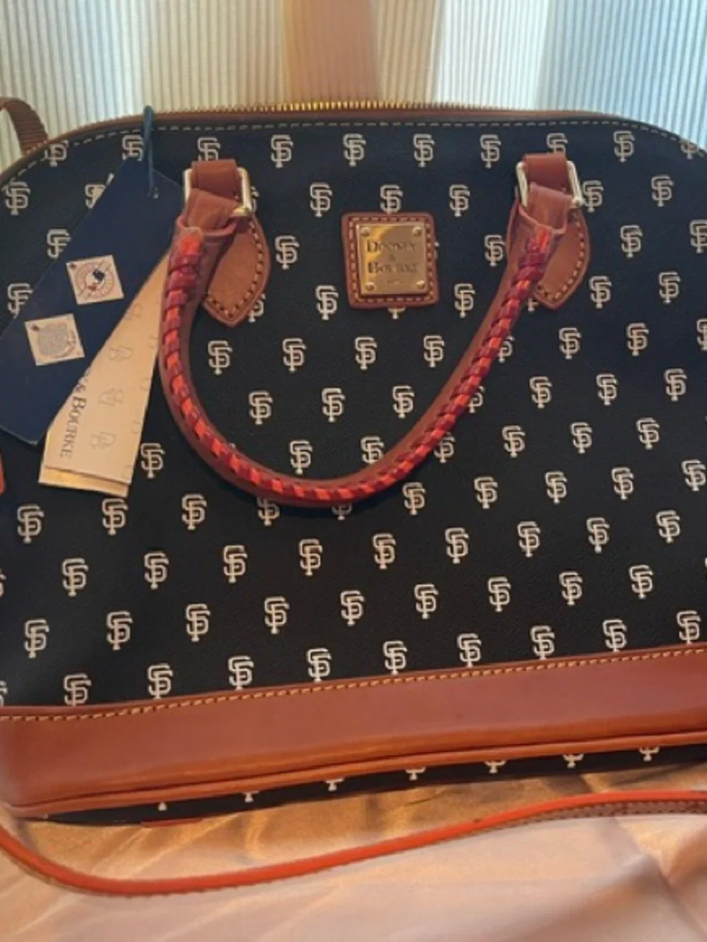 Dooney & Bourke Black/Blue SF Monogram Satchel with Brown Trim